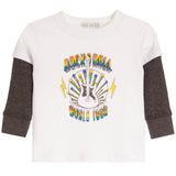 A toddler's long-sleeve t-shirt with a white body, dark gray ribbed sleeves, and a colorful 'Rock 'n Roll Little Big Time World Tour' graphic on the front.