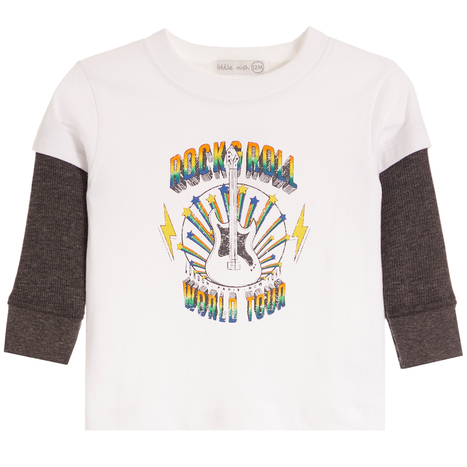 A toddler's long-sleeve t-shirt with a white body, dark gray ribbed sleeves, and a colorful 'Rock 'n Roll Little Big Time World Tour' graphic on the front.