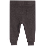 Dark charcoal gray knit pants for toddlers, shown from the back with a single back pocket and ribbed waistband and cuffs.