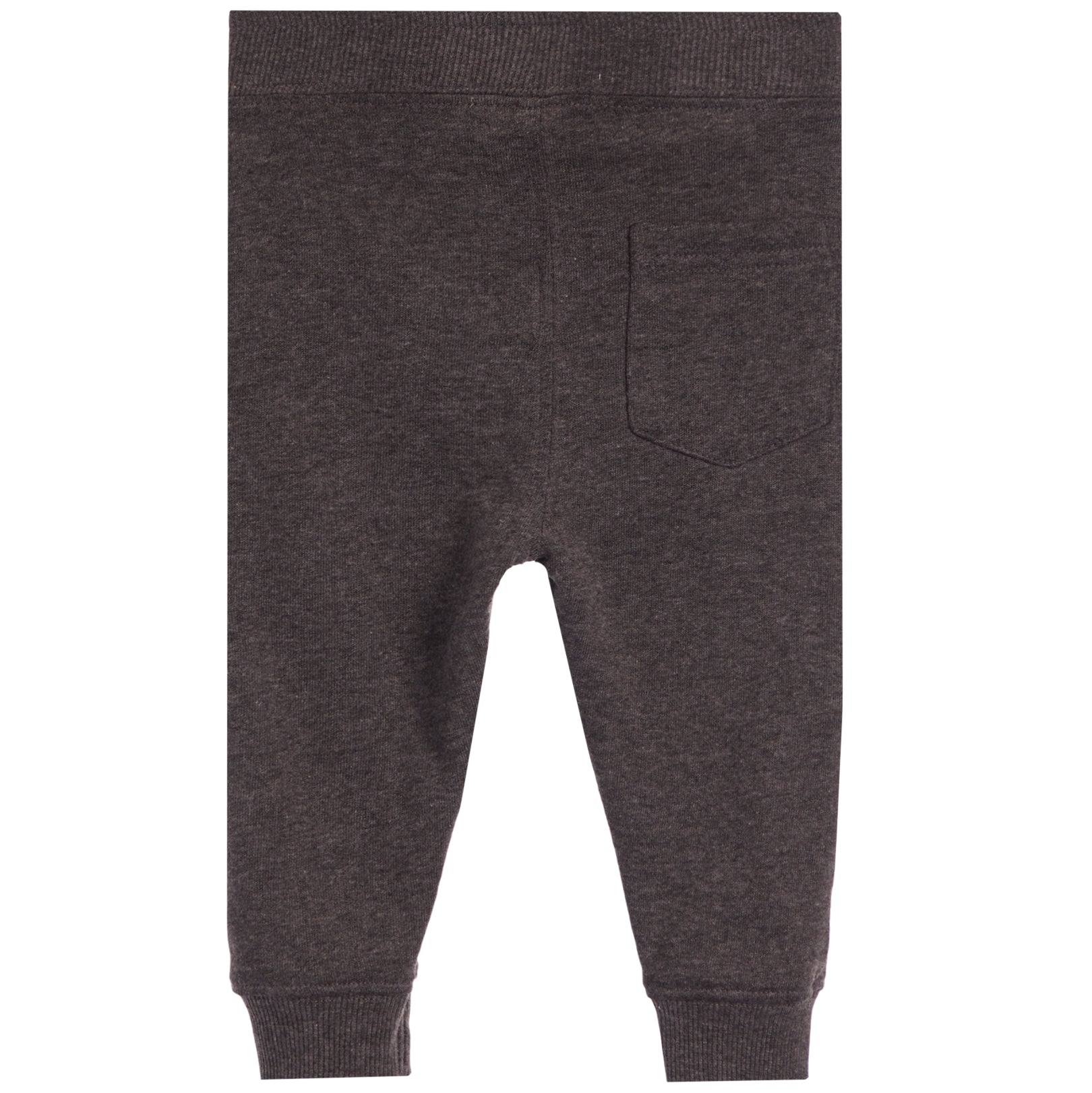 Dark charcoal gray knit pants for toddlers, shown from the back with a single back pocket and ribbed waistband and cuffs.