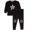 A toddler's two-piece black sweatshirt and jogger pants set. The long-sleeve sweatshirt features a large white and gray star graphic on the chest, while the matching jogger pants have two smaller white star graphics on the lower legs.