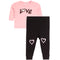 A two-piece children's outfit set featuring a light pink long-sleeve top with a black 'LOVE' graphic across the chest, and black leggings with light pink heart outlines on the lower legs.