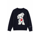 A dark navy blue knit sweater featuring a white dog graphic holding a red heart on the front, with a small white heart detail on the left sleeve, shown against a plain white background.