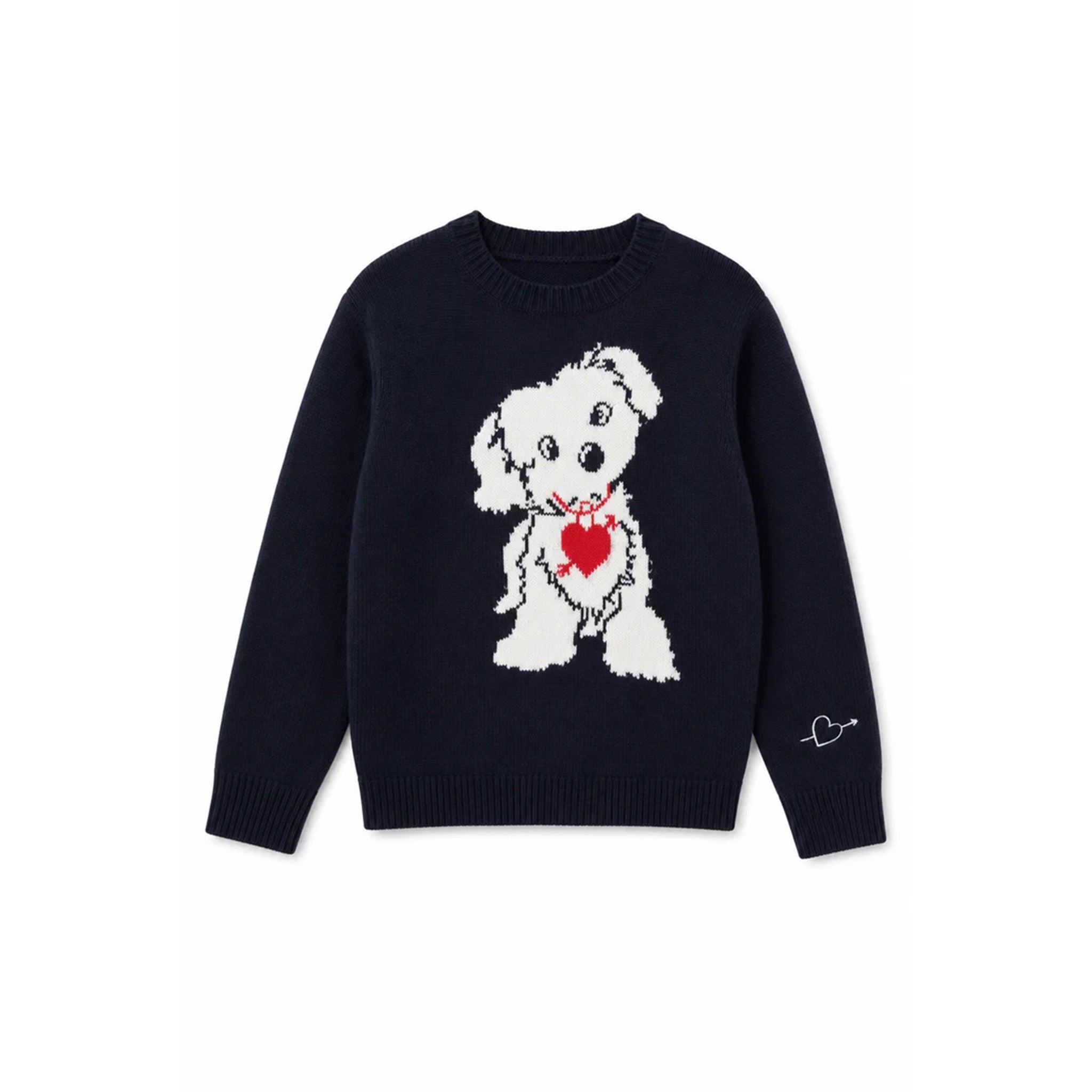 A dark navy blue knit sweater featuring a white dog graphic holding a red heart on the front, with a small white heart detail on the left sleeve, shown against a plain white background.