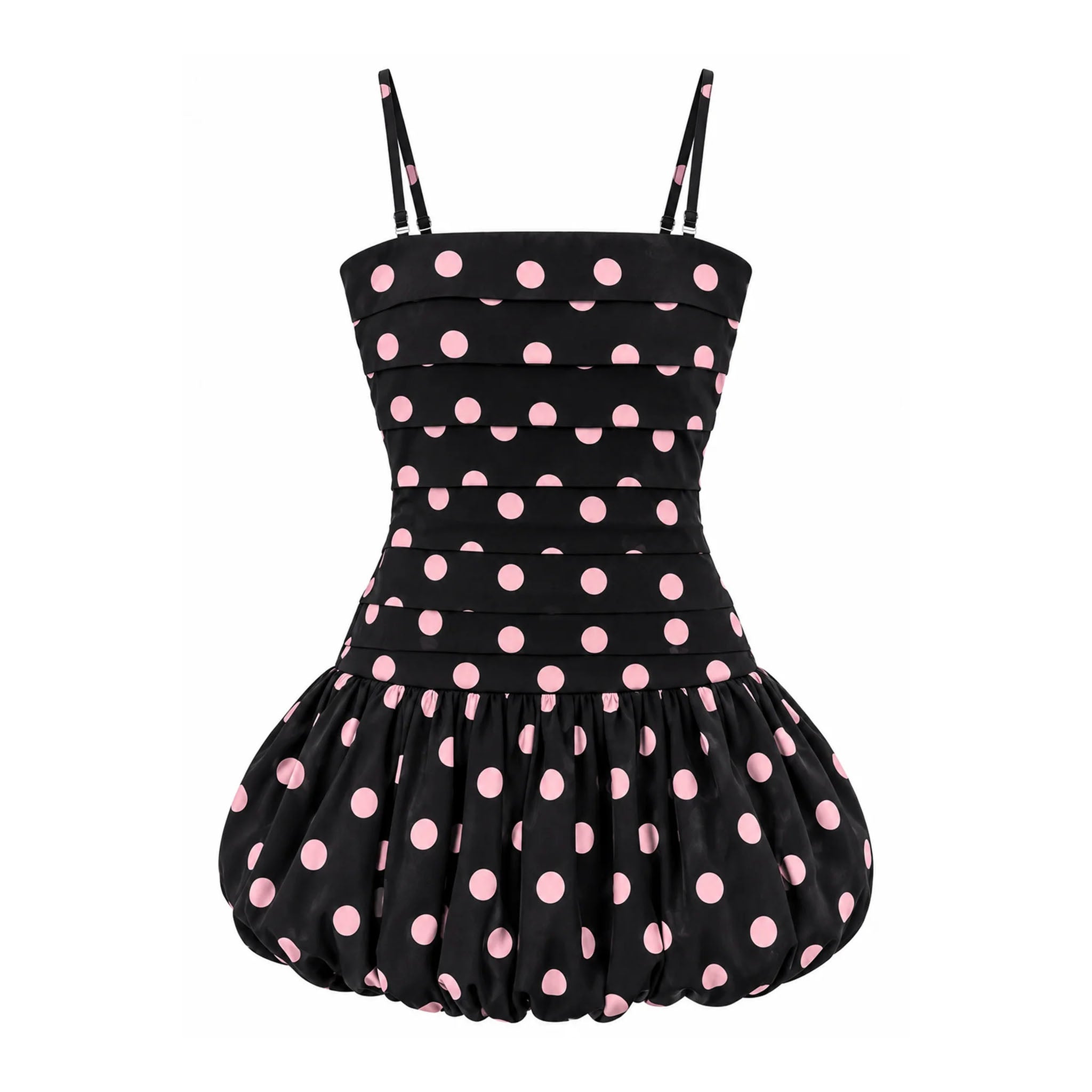 A black retro-style dress with pink polka dots, featuring a structured bustier top and a flared ruffled skirt, shown against a plain white background.