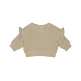 A beige ribbed knit long-sleeve crop top with ruffled shoulder details, shown flat on a white background.
