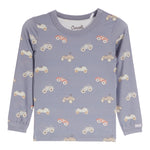 A long-sleeve baby t-shirt in dusty blue, featuring an all-over print of cartoon vintage cars in orange, beige, and gray. 