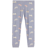 Light dusty blue children's pants with an all-over pattern of small vintage cars in white, gray, and orange, shown flat against a white background.