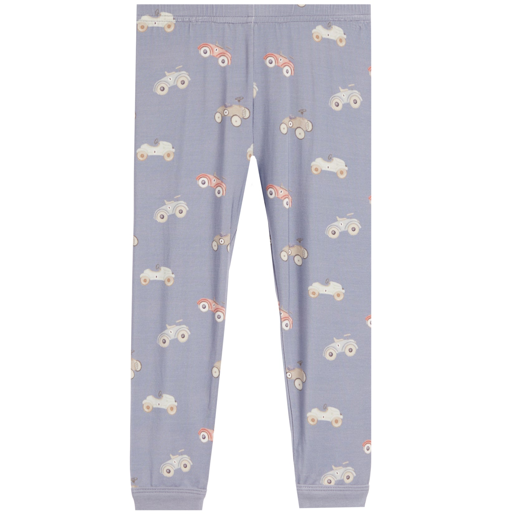 Light dusty blue children's pants with an all-over pattern of small vintage cars in white, gray, and orange, shown flat against a white background.
