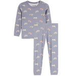 A two-piece children's pajama set featuring a long-sleeve top and matching pants in a dusty blue color, both printed with a repeating pattern of small tractors and cars in orange, white, and gray.  