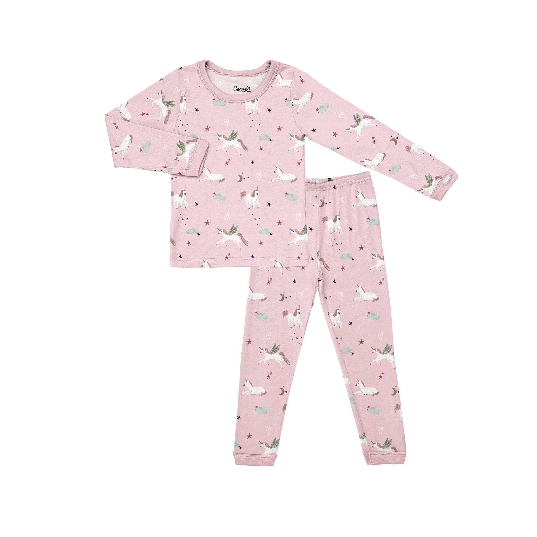 Pink children's pajama set with unicorn pattern on a white background