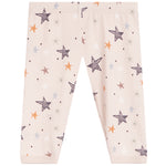 A pair of baby leggings with an all-over star and dot pattern on a light cream background. The stars are hand-drawn style in purple, orange, and light blue, with small purple and orange dots scattered throughout.