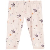 A pair of baby leggings with an all-over star and dot pattern on a light cream background. The stars are hand-drawn style in purple, orange, and light blue, with small purple and orange dots scattered throughout.