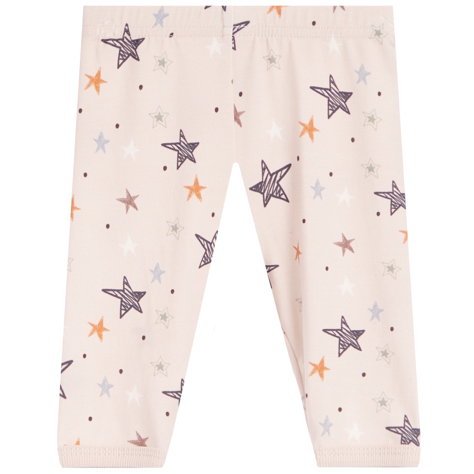 A pair of baby leggings with an all-over star and dot pattern on a light cream background. The stars are hand-drawn style in purple, orange, and light blue, with small purple and orange dots scattered throughout.