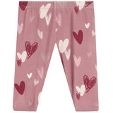 Pink pants with an all-over heart pattern in shades of dark red, light pink, and white, shown flat against a white background.