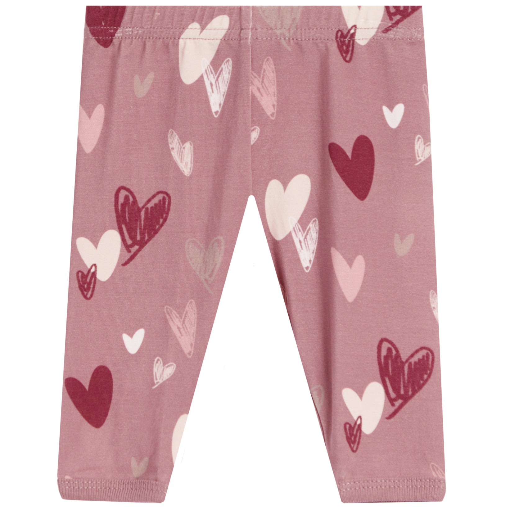 Pink pants with an all-over heart pattern in shades of dark red, light pink, and white, shown flat against a white background.