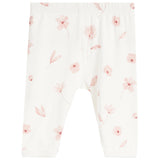 White baby pants with a delicate pink floral and leaf print, featuring an elastic waistband and leg openings.