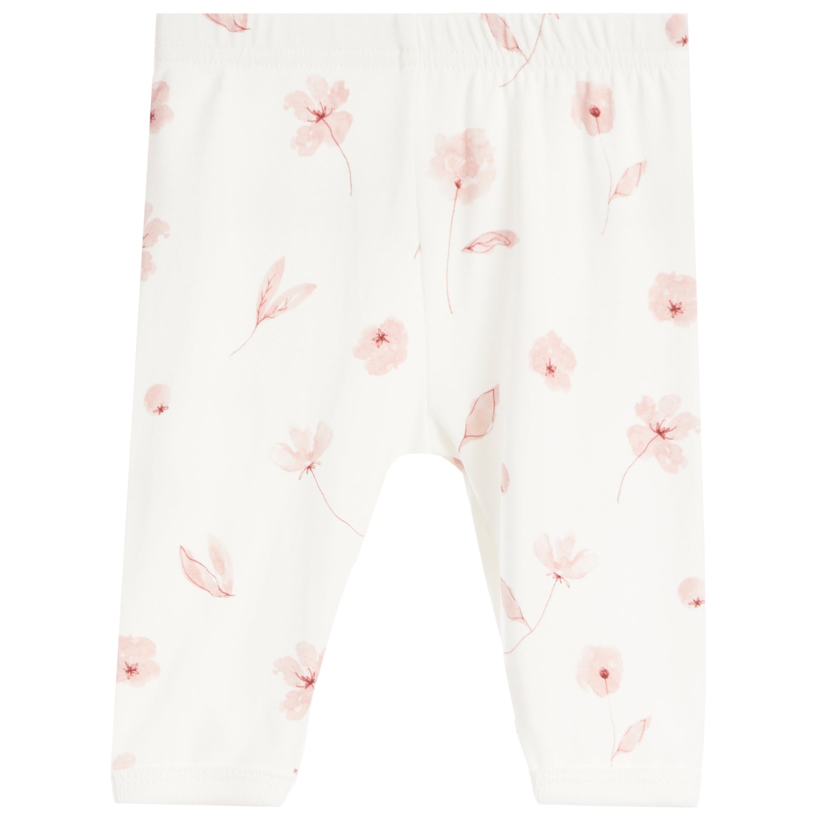 White baby pants with a delicate pink floral and leaf print, featuring an elastic waistband and leg openings.