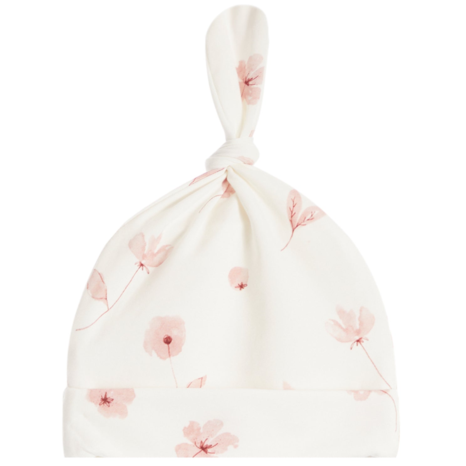 An off-white baby hat with a knotted top and a soft pink floral print, shown against a plain white background.