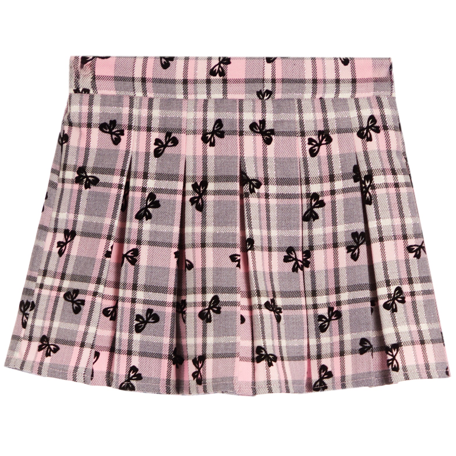A pink plaid pleated skirt with a repeating black bow pattern, shown flat against a white background.