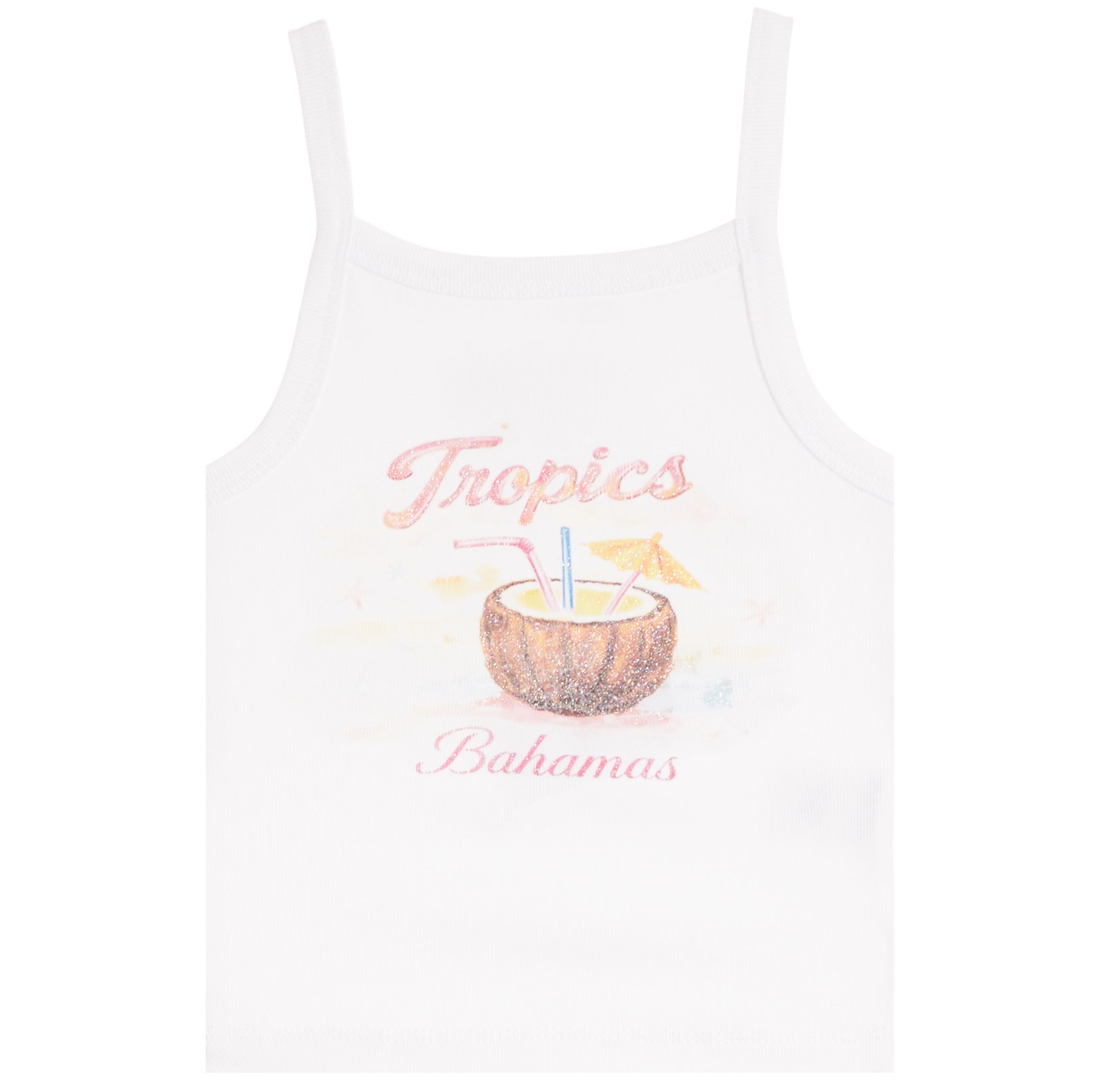 A white sleeveless tank top featuring a tropical graphic print with the words 'Tropics Bahamas' in pink script and an illustration of a coconut drink with a straw and umbrella.