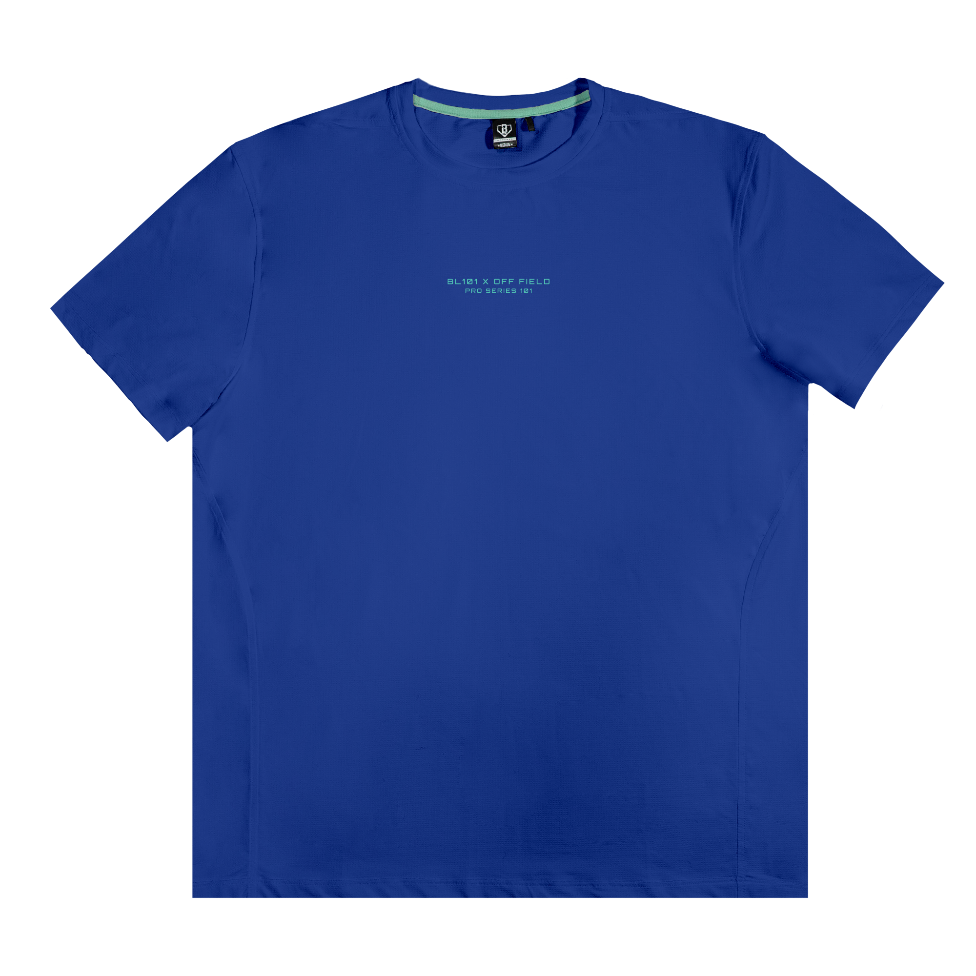 Blue pro series tech t-shirt with small "BL101 x Off Field Pro Series 1010" text on a transparent background