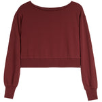 A long-sleeve cropped sweatshirt in a deep burgundy color, featuring a wide boat neckline, ribbed hem, and ribbed cuffs, shown against a plain white background.