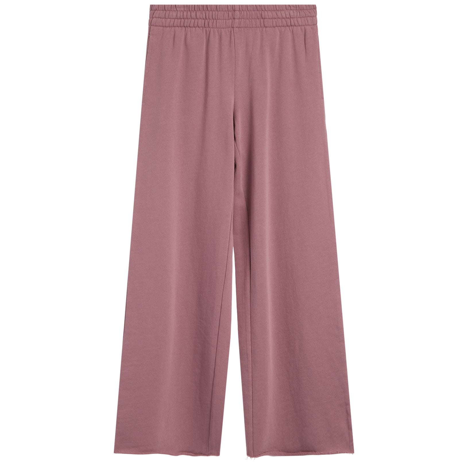 A pair of wide-leg lounge pants in a dusty rose pink color, shown flat against a solid white background.