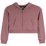A dusty rose cropped zip-up hoodie with a front pocket, displayed flat against a solid white background.