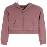 A dusty rose cropped zip-up hoodie with a front pocket, displayed flat against a solid white background.