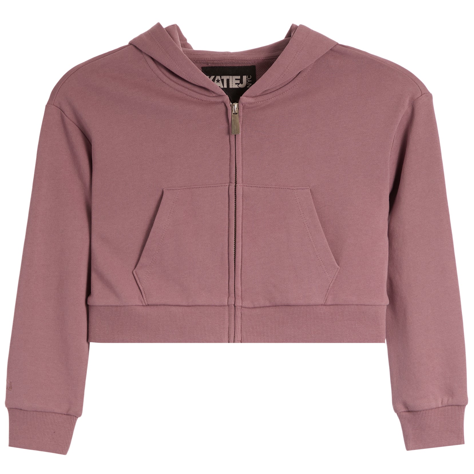 A dusty rose cropped zip-up hoodie with a front pocket, displayed flat against a solid white background.