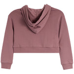A dusty rose cropped hoodie sweatshirt with a draped cowl neckline, long sleeves, and ribbed cuffs and hem, shown against a plain white background.