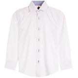 A white long-sleeve button-down dress shirt with a pointed collar and buttons, shown against a plain white background.