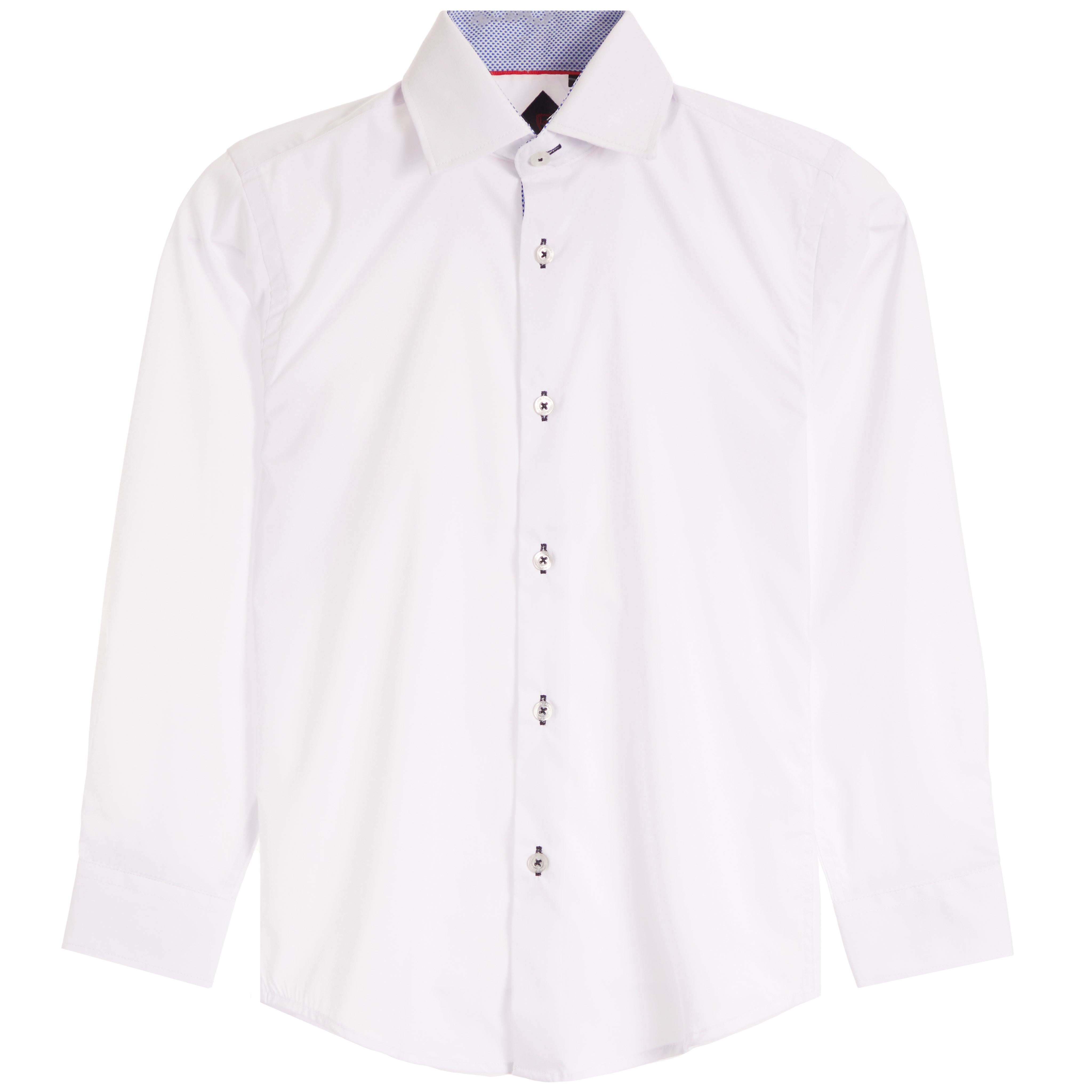 A white long-sleeve button-down dress shirt with a pointed collar and buttons, shown against a plain white background.