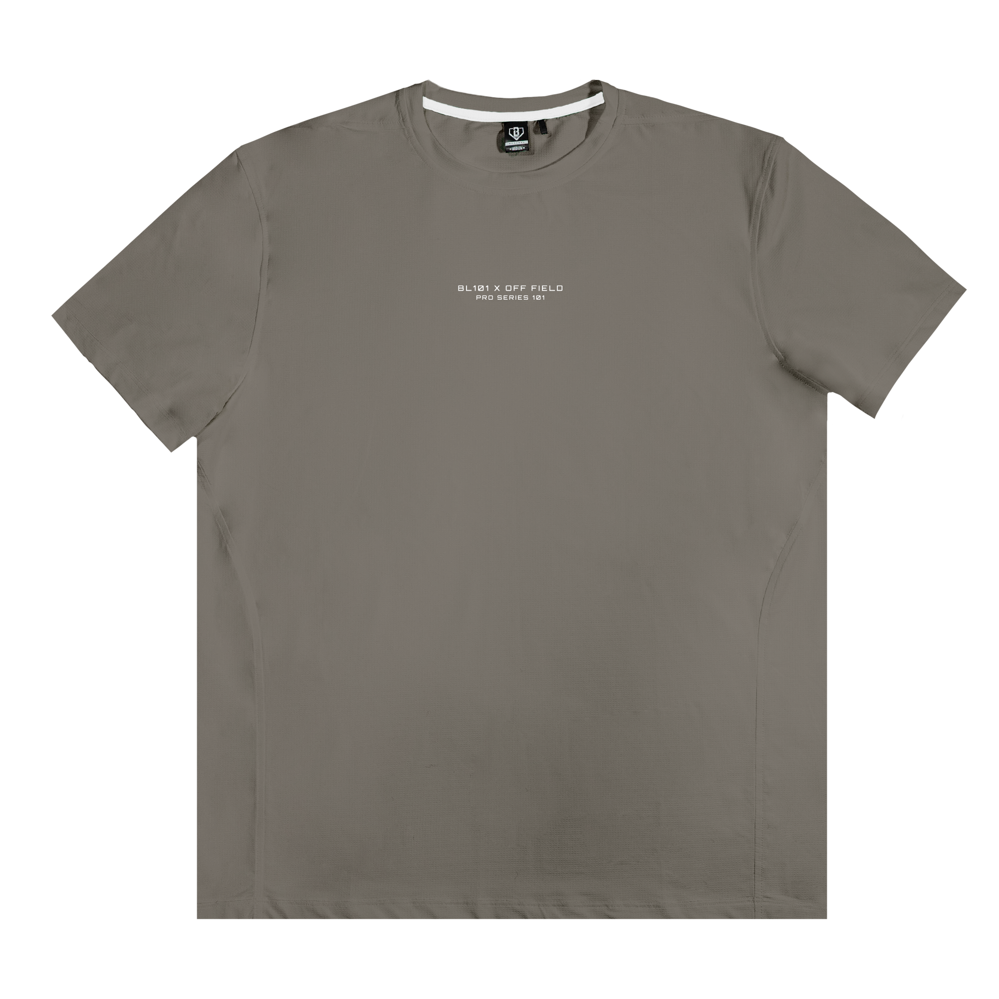 Gray pro series tech t-shirt with small "BL101 x Off Field Pro Series 1010" text on a transparent background