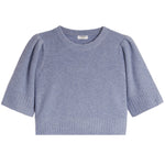 A light blue knit short-sleeve top with puffed shoulders and ribbed cuffs, hem, and neckline, shown flat on a white background.