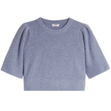A light blue knit short-sleeve top with puffed shoulders and ribbed cuffs, hem, and neckline, shown flat on a white background.
