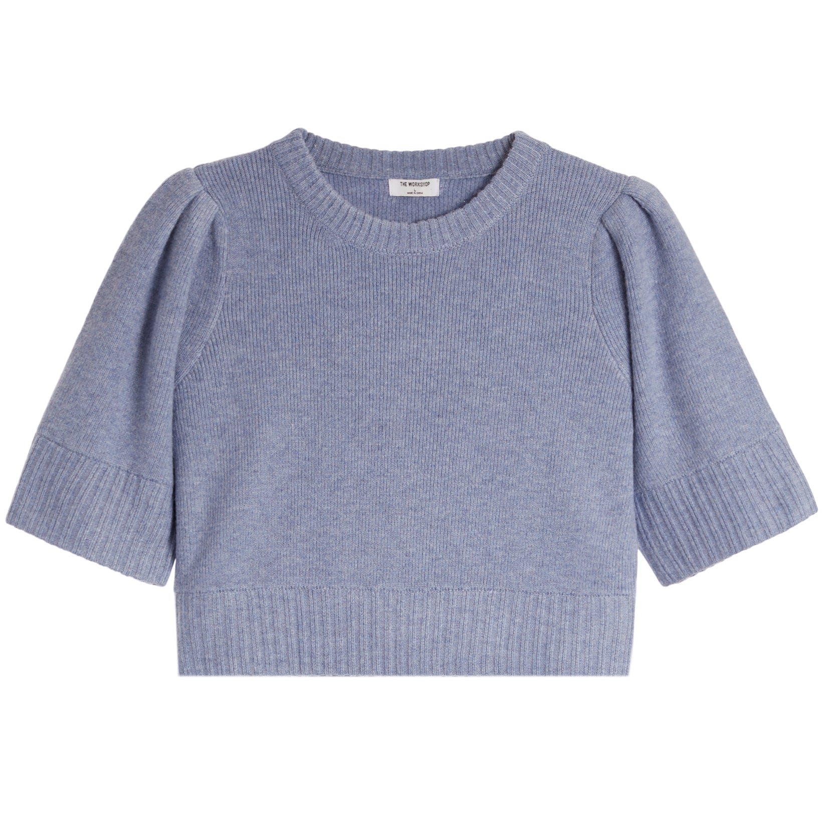 A light blue knit short-sleeve top with puffed shoulders and ribbed cuffs, hem, and neckline, shown flat on a white background.