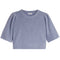 A light blue knit short-sleeve top with puffed shoulders and ribbed cuffs, hem, and neckline, shown flat on a white background.