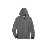 A dark gray heather pullover hoodie with white drawstrings and black ribbed cuffs, displayed on a clean white background.