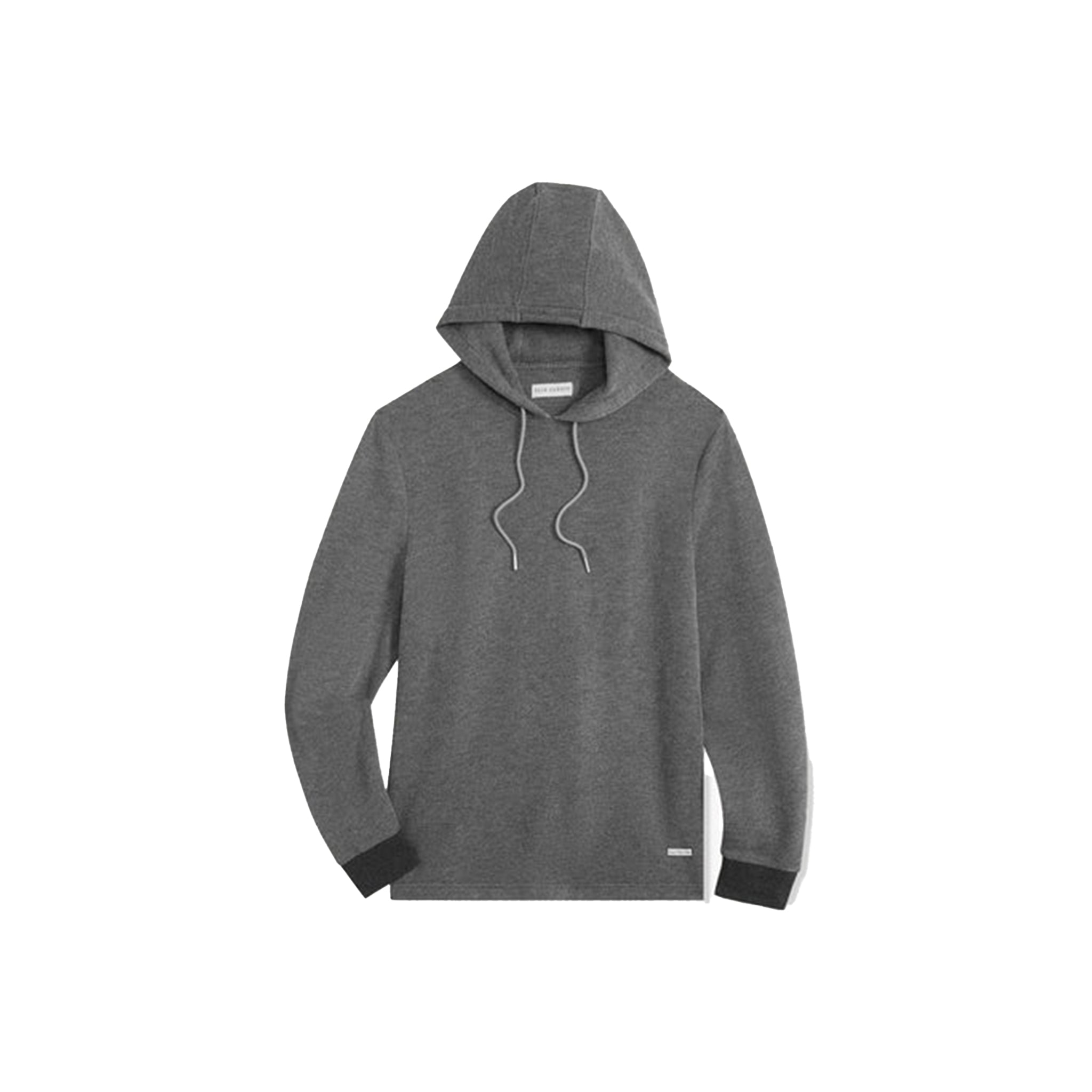 A dark gray heather pullover hoodie with white drawstrings and black ribbed cuffs, displayed on a clean white background.