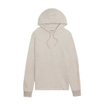A light beige heathered pullover hoodie with matching drawstrings and ribbed cuffs, displayed flat against a solid white background.