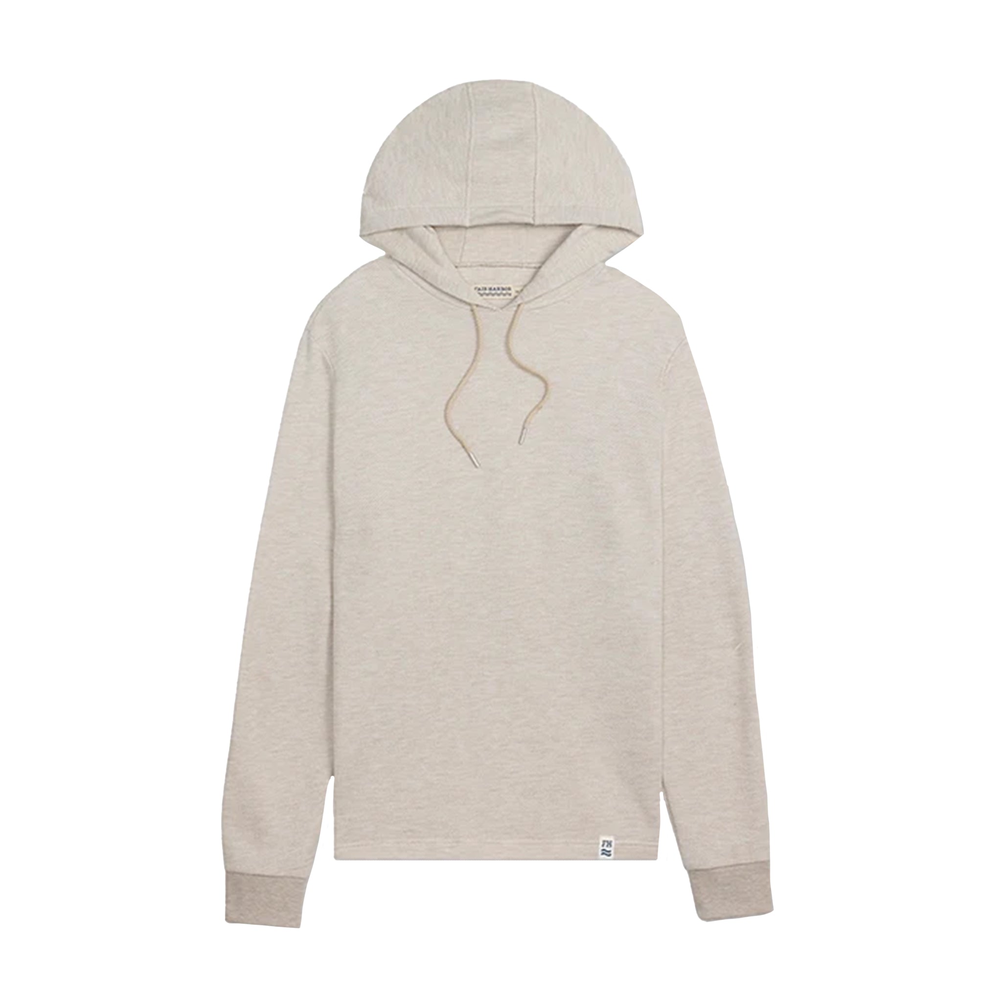 A light beige heathered pullover hoodie with matching drawstrings and ribbed cuffs, displayed flat against a solid white background.