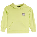 A light lime green kids' pullover hoodie with a small circular embroidered logo on the left chest, displayed on a clean white background.