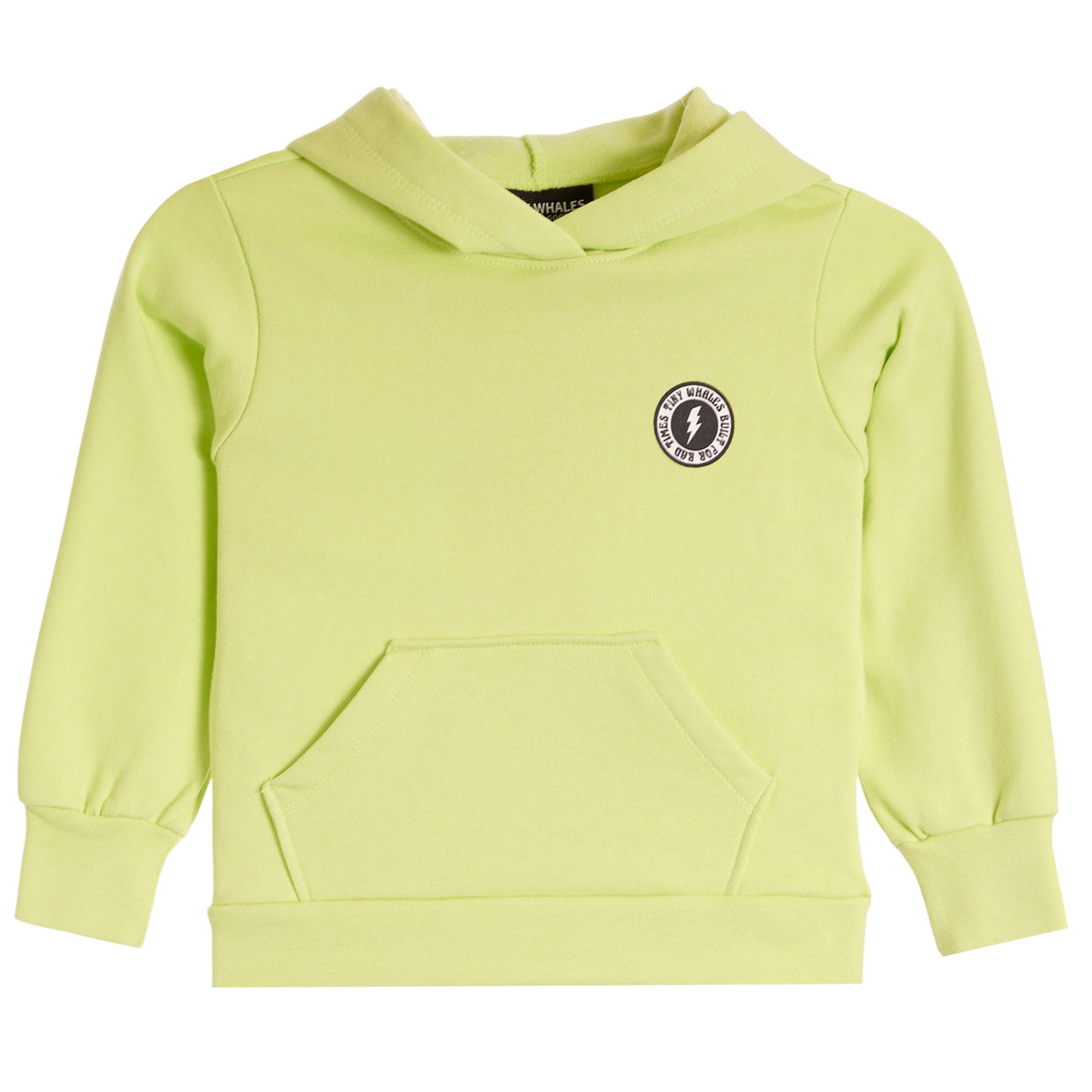 A light lime green kids' pullover hoodie with a small circular embroidered logo on the left chest, displayed on a clean white background.