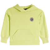 A light lime green kids' pullover hoodie with a small circular embroidered logo on the left chest, displayed on a clean white background.