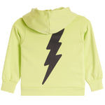 A neon yellow-green children's pullover hoodie shown from the back, featuring a large black lightning bolt graphic printed vertically down the center.