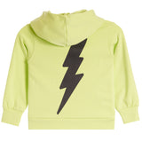 A neon yellow-green children's pullover hoodie shown from the back, featuring a large black lightning bolt graphic printed vertically down the center.
