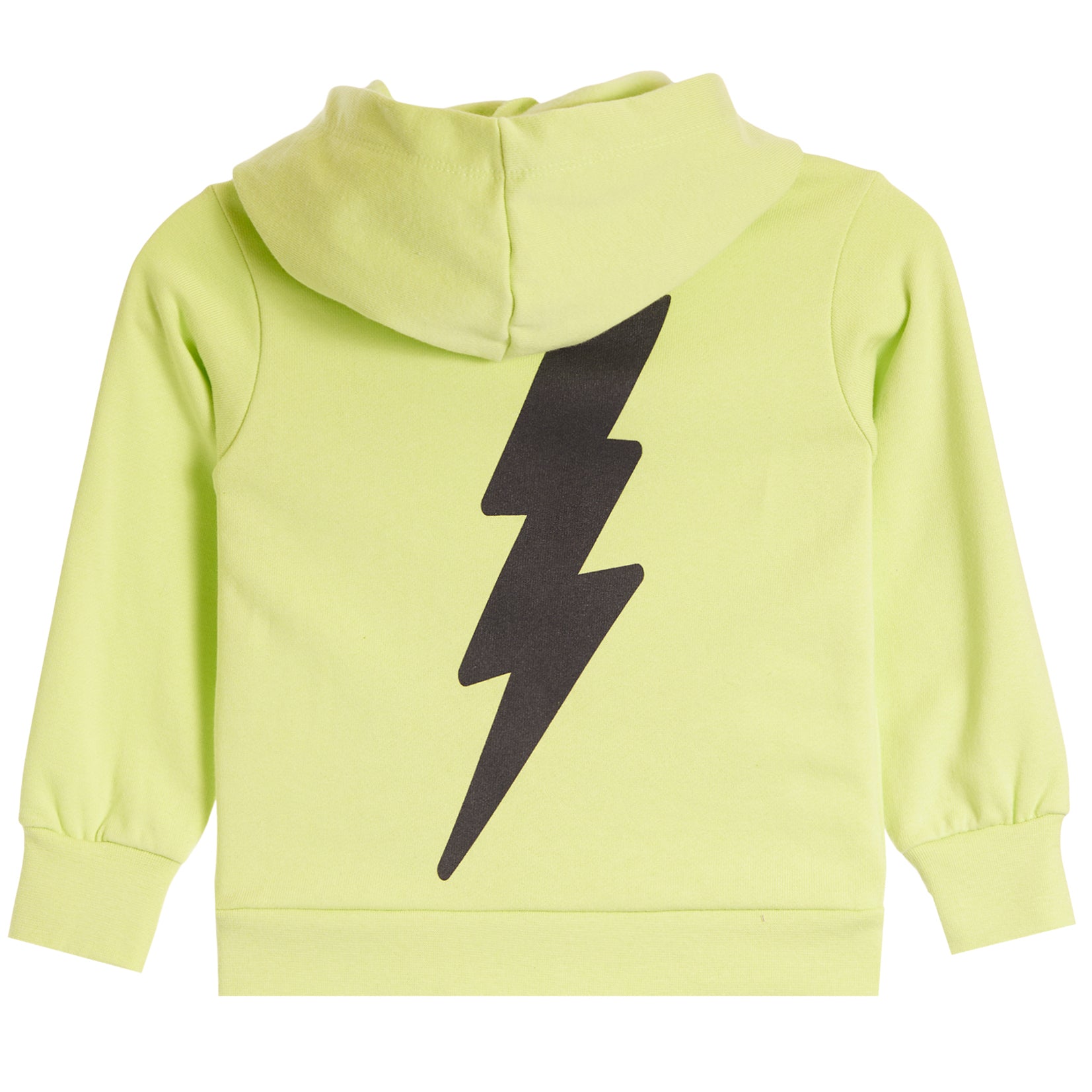 A neon yellow-green children's pullover hoodie shown from the back, featuring a large black lightning bolt graphic printed vertically down the center.