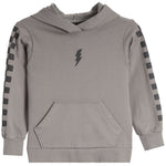 A kids' gray pullover hoodie with a black lightning bolt graphic on the chest and black-and-gray checkered stripes down both sleeves, shown on a plain white background.